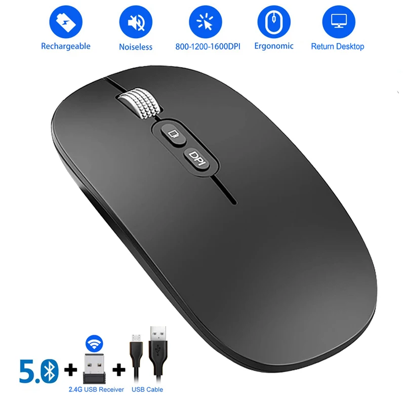 Элегантная перезаряжаемая Bluetooth 5 0 Беспроводная Бесшумная оптическая мышь с