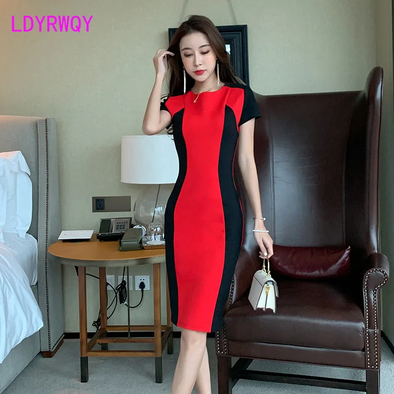 

LDYRWQY 2021 new fashion short-sleeved high-waist temperament contrast round neck slim fit hip dress Polyester