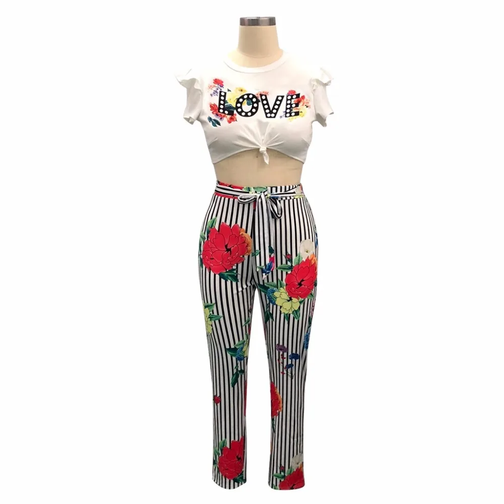 

Rose Flower Print Sexy Two Piece Set Women Love Letter Short Sleeve Short Shirt And Vertical Striped Bow Sash Pencil Pant TE3437
