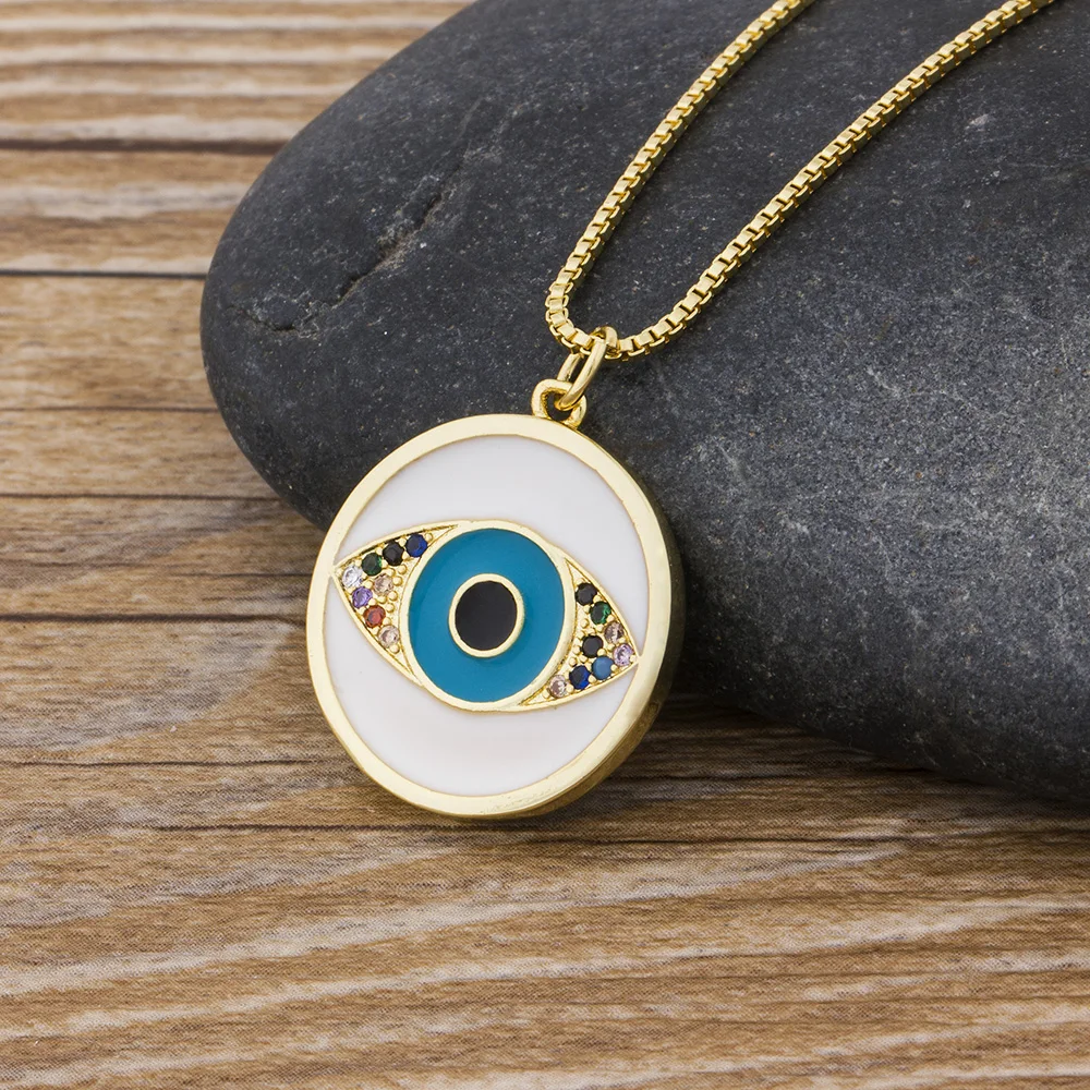 

Lucky Round Evil Eye Pendant Necklace Gold Color Long Chain Micro Pave Copper CZ Necklace Charm Fashion Jewelry for Women Female