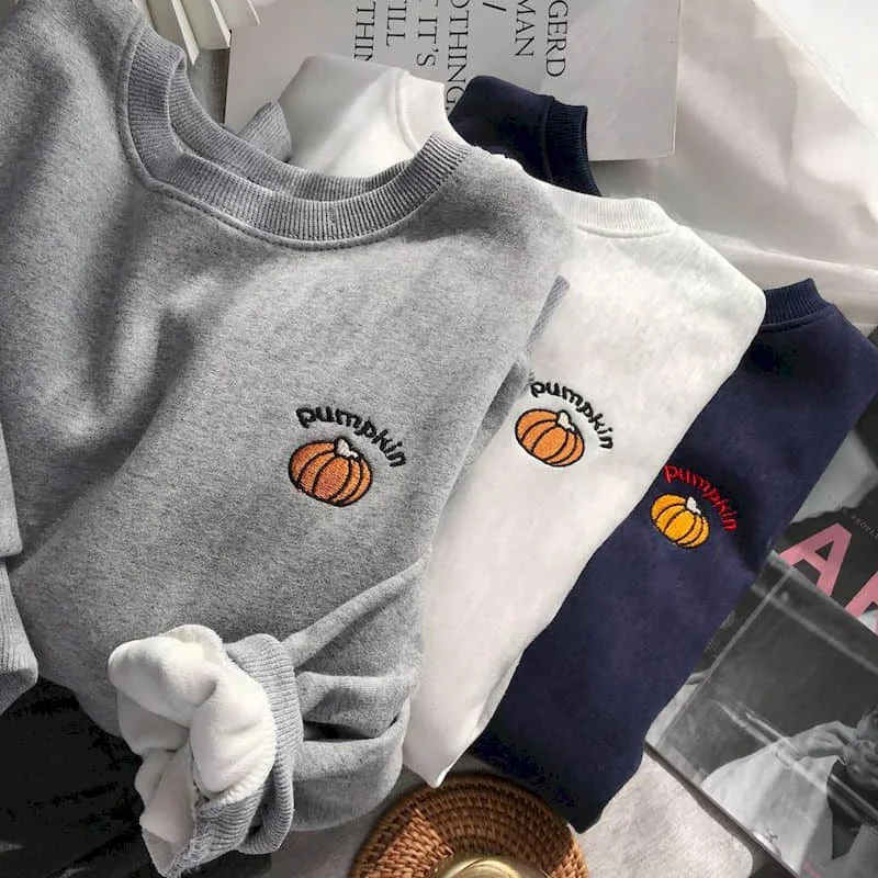

Sweatshirt Spring autumn hoodies small pumpkin embroidery O-neck shirt men women plus velvet thickening outer loose tops