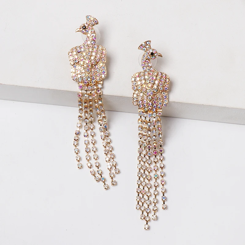 Висячие серьги Стразы с разноцветным павлином кристаллами бахромой длинные