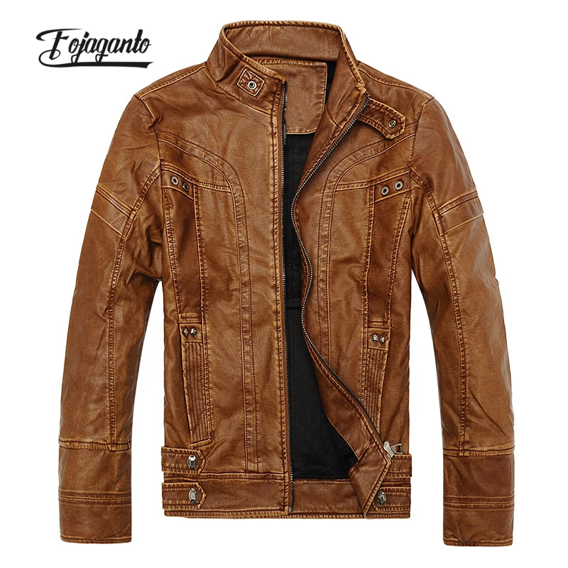 

FOJAGANTO Men's Motorcycle PU Leather Jacket Spring/Autumn Solid Color Stand Collar Jacket Fashion Casual Leather Jacket Male