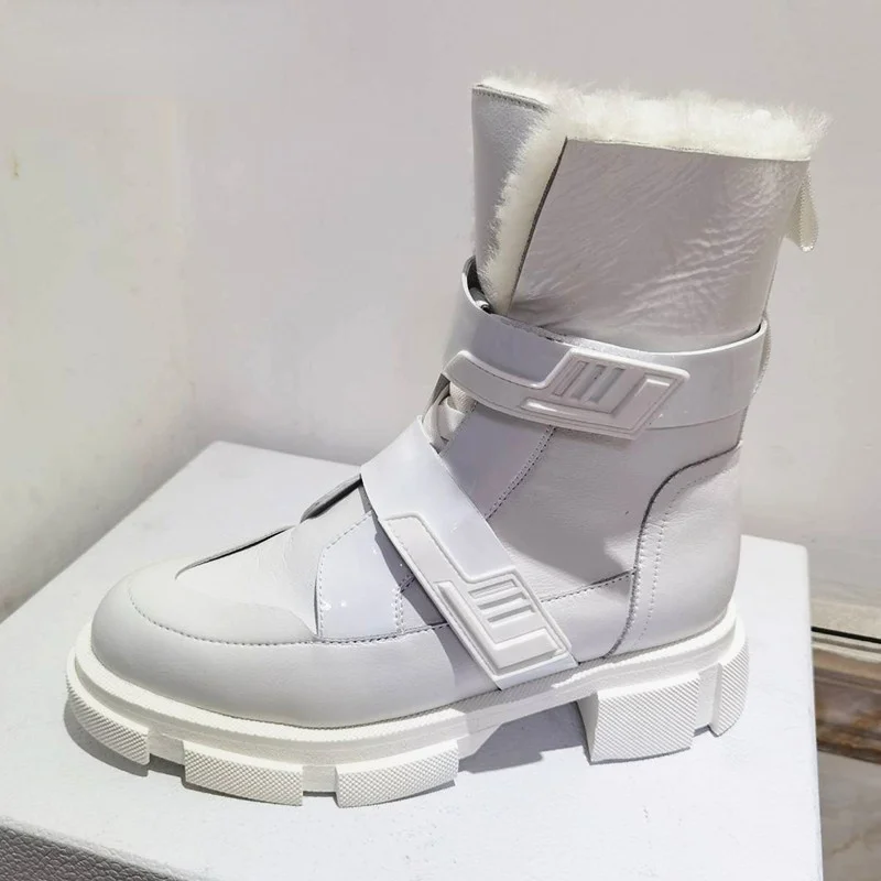 

Magic Tape Platform Wool Boots for Women White Black Genuine Leather Thick Sole Short Women Boots Warm Heightened Winter Shoes