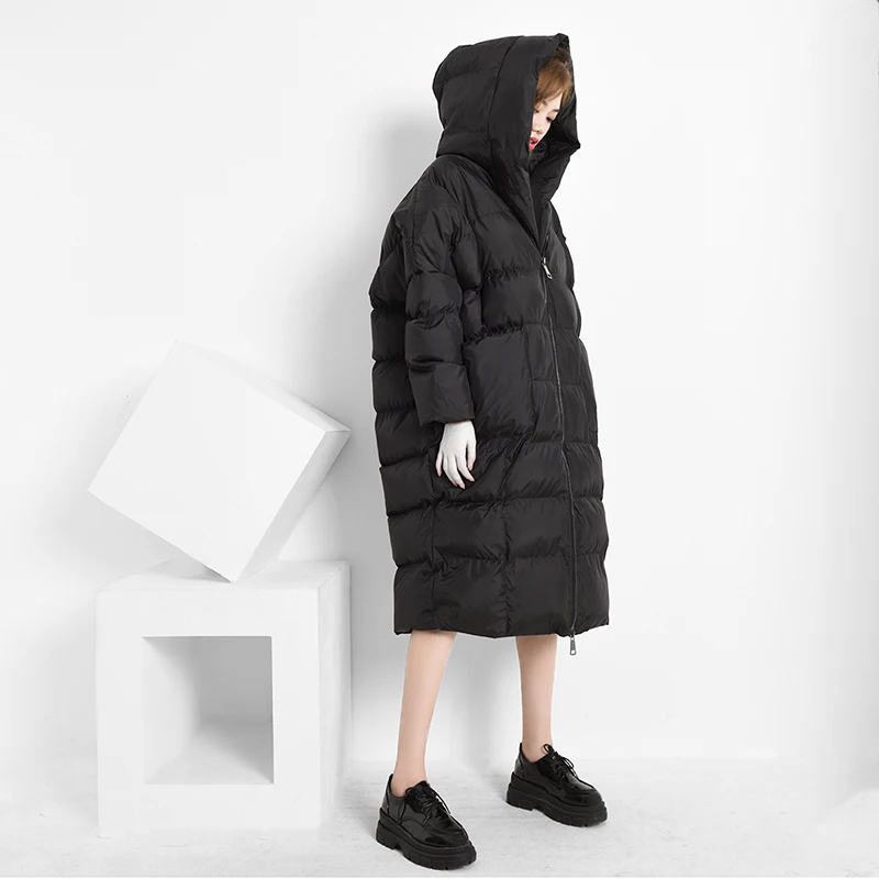 

[EAM] Big Size Warm Hooded Cotton-padded Coat Long Sleeve Loose Fit Women Parkas Fashion Tide New Autumn Winter 2021 JD12101