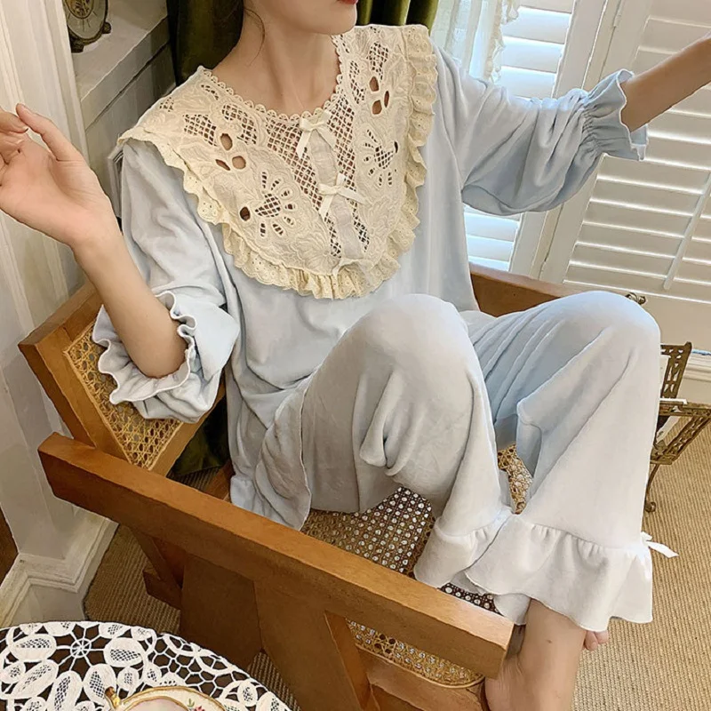 Винтажные толстые теплые бархатные женские пижамы наборы Осень-зима милые