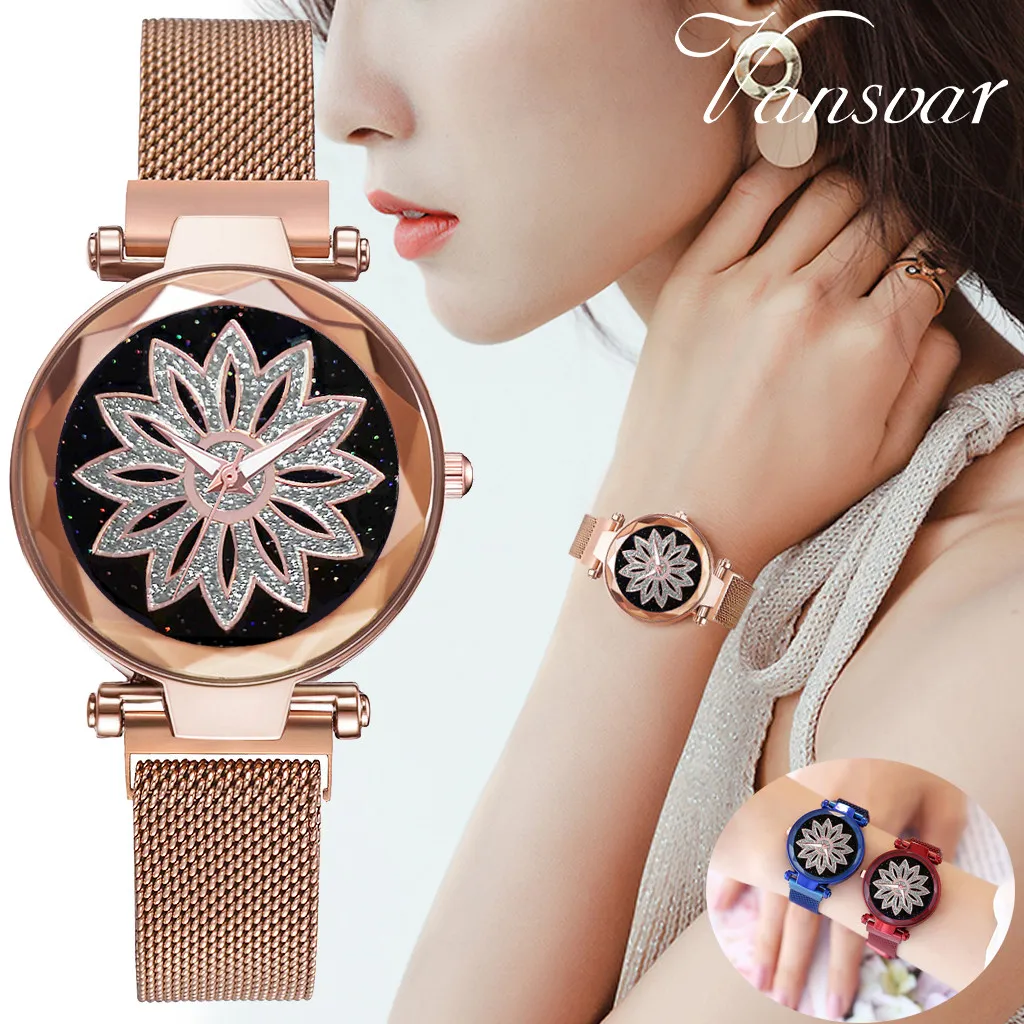 

Часы женские кварцевые с магнитной пряжкой, люксовые наручные, с изображением звездного неба, Счастливого цветка, из нержавеющей стали