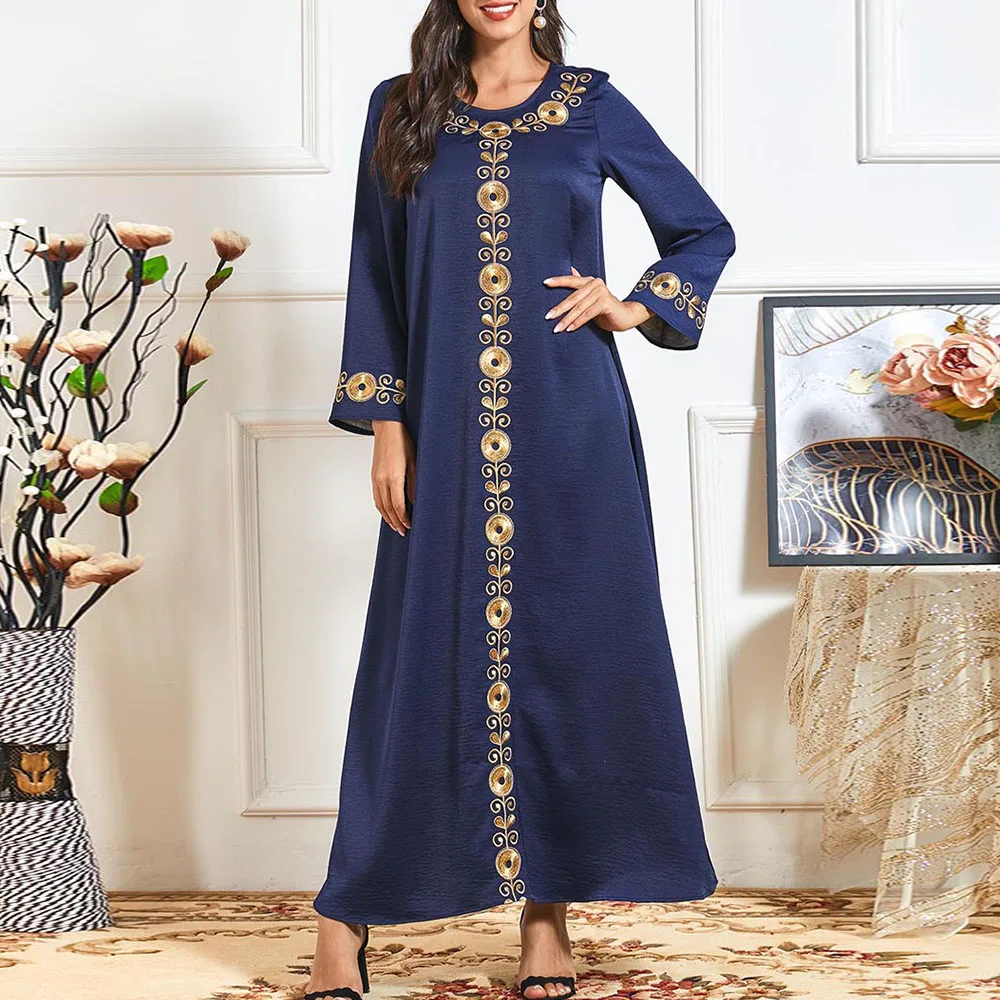 

Blue Solid Color Dress Ethnic Embroidery Casual Comfortable Long Skirt Arabian Robe Long Sleeve A Line Pullover 2021 Summer