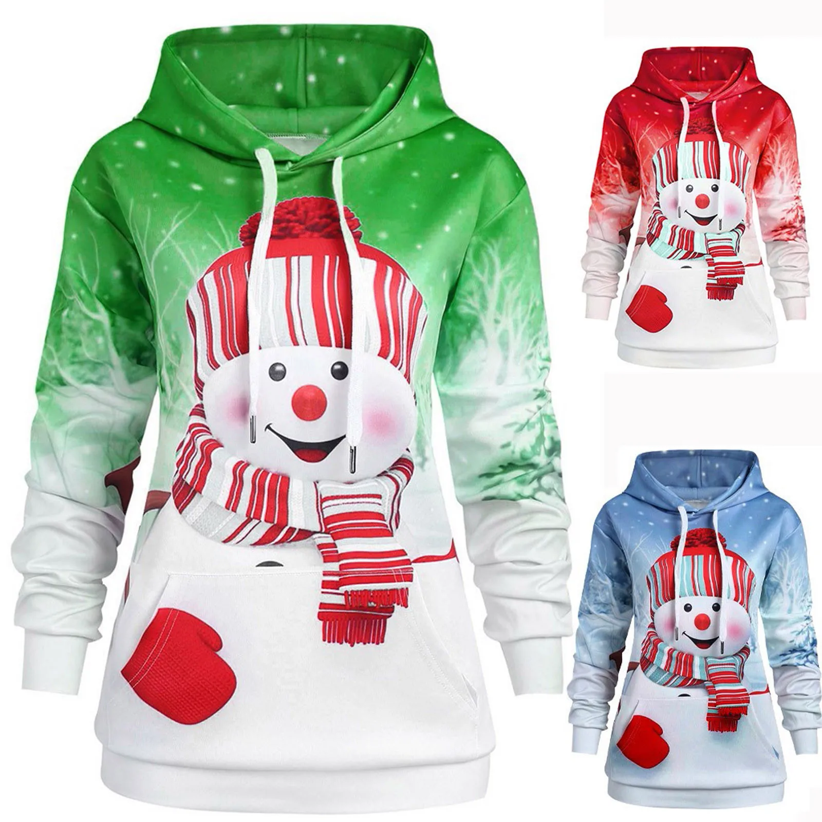 Women Long Hoodie Christmas Cute Cartoon Snowman Print Sweatshirt  Big Pocket Pullover Autumn Winter Warm Pullover Tops