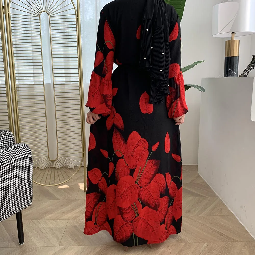 

Eid Mubarak Arab Muslim Women Cardigan Digital Printed Maple Leaf Sleeve Chiffon Open Abaya Dubai Kaftan Turkey Islamic Clothing
