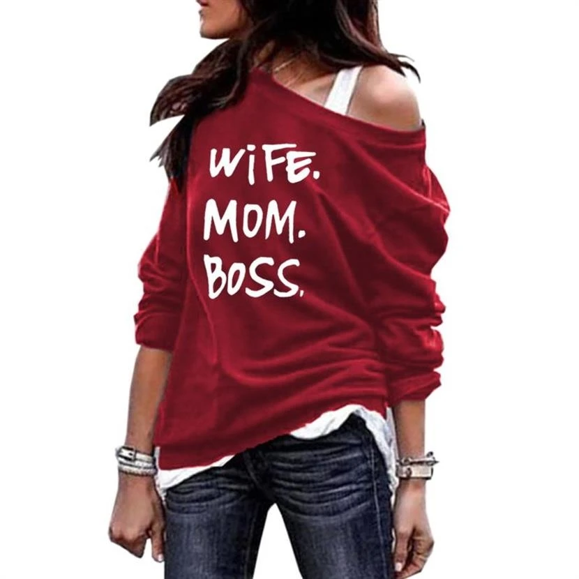 

Round Neck Shoulder Hoodies Hoodies For Women Wife Mom Boss Letters Print Kawaii Tops Sweatshirt Femmes Women Sweatshirts Frauen