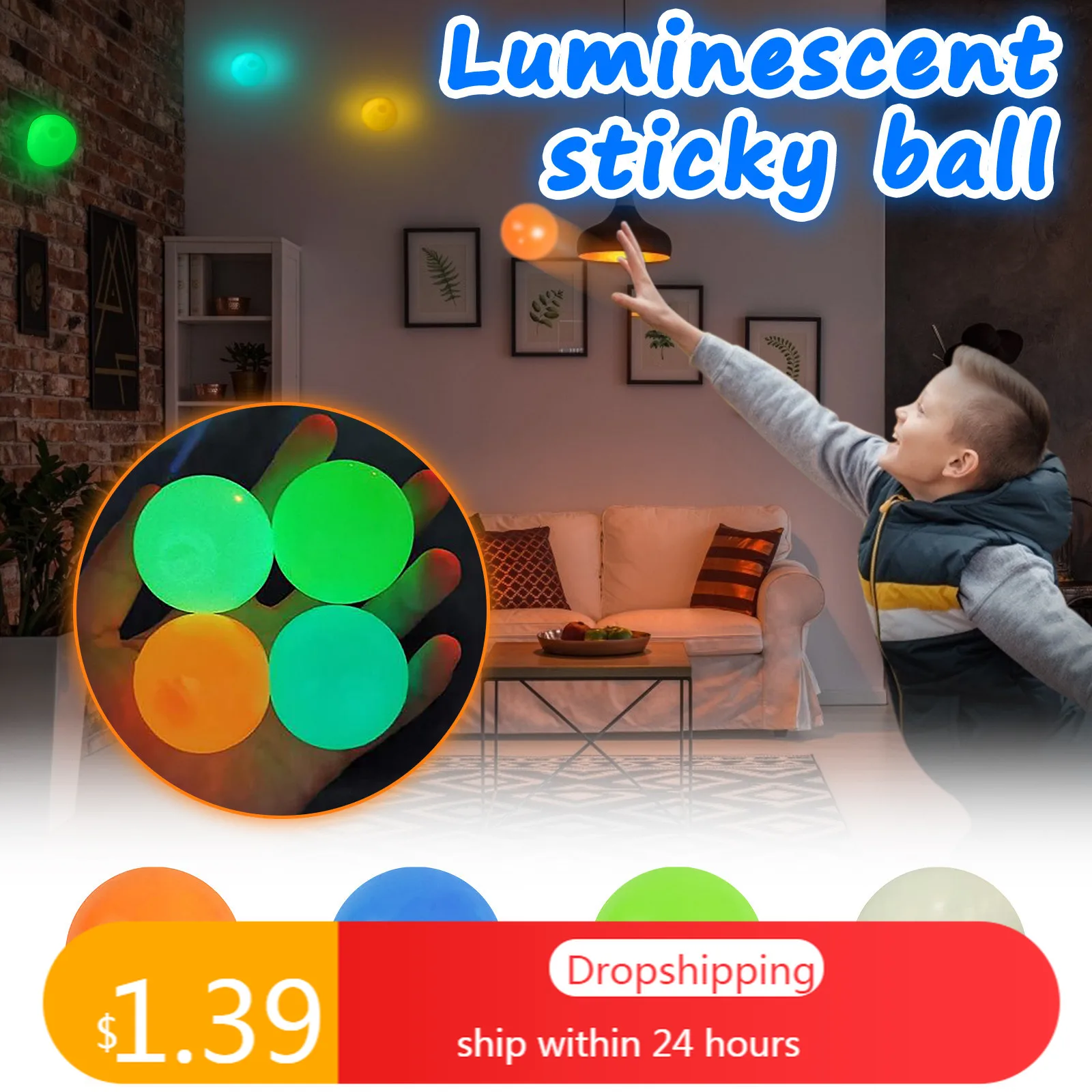 

4pc Stick Wall Ball Glowing Globbles Fidget Toy Squash Xmas Sticky Target Ball Stress Ball Decompression Throw Novelty Kids Gift