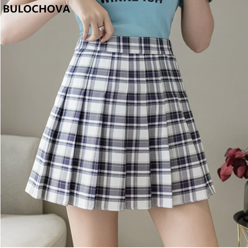 

BULOCHOVA Женская Мода Милая Студенческая мини-юбка для танцев 2021 новая летняя женская трапециевидная клетчатая плиссированная юбка с высокой талией
