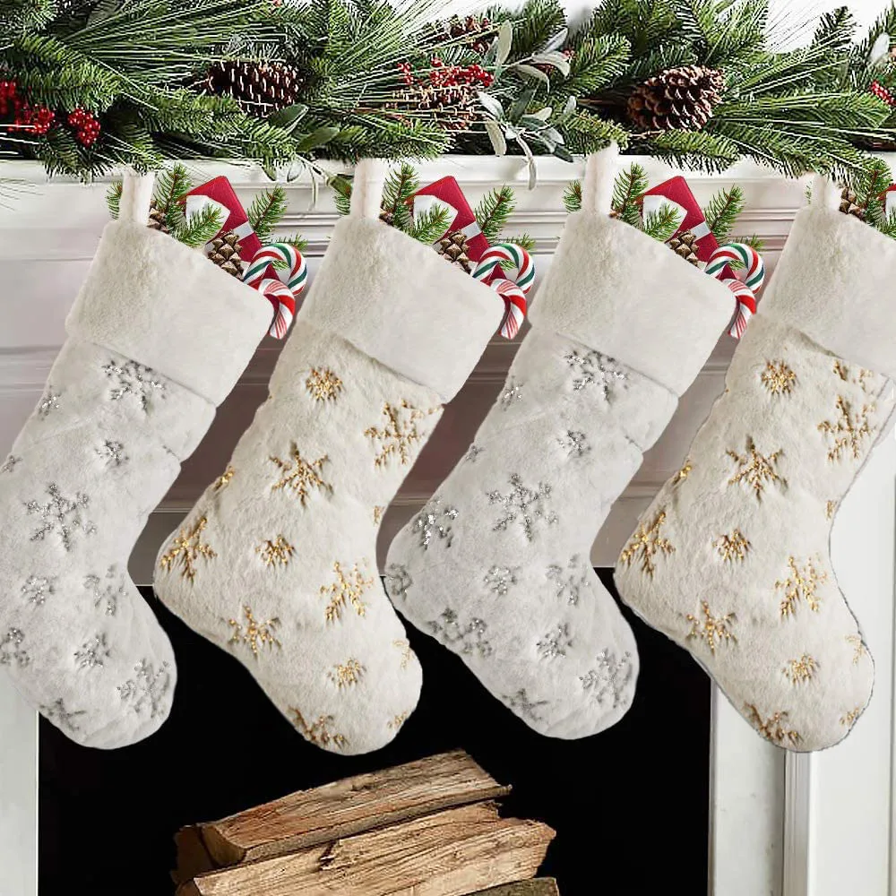 

Christmas Snowflakes Embroidered White Xmas Stockings Candy Socks Gifts Bag Hanging Loops Xmas Tree Fireplace Decor