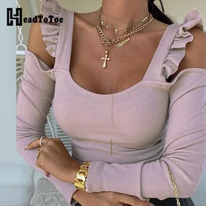 С открытыми плечами и оборкой однотонная блуза Топы с длинными рукавами и квадратным вырезом Женская сексуальные вершины