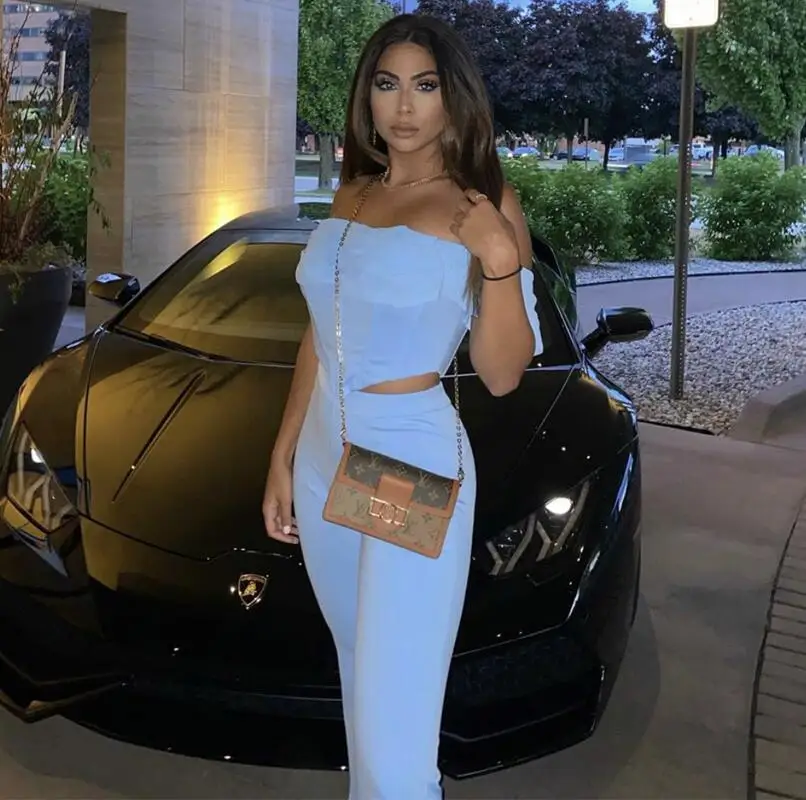 

Sale Women Clothing Set Sexy Sky Blue Draped Bodycon Two Pieces Set Knitted Party Celebrity Bandage Crop Tops Boot Cut Pants