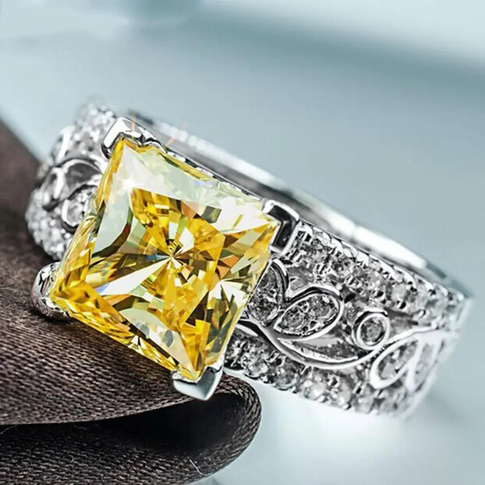 

Luxury Trendy Yellow Square Full Crystal Ring for Women Wedding Engagement Party Anniversary Jewelry Gift