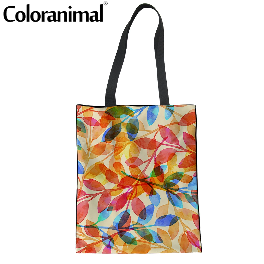 

Coloranima Colorful Leaves Printed Girls Shopper Bag Canvas Linen Tote Bag for Women Foldable Storage Grocery Bag Eco-Bag Bolsa