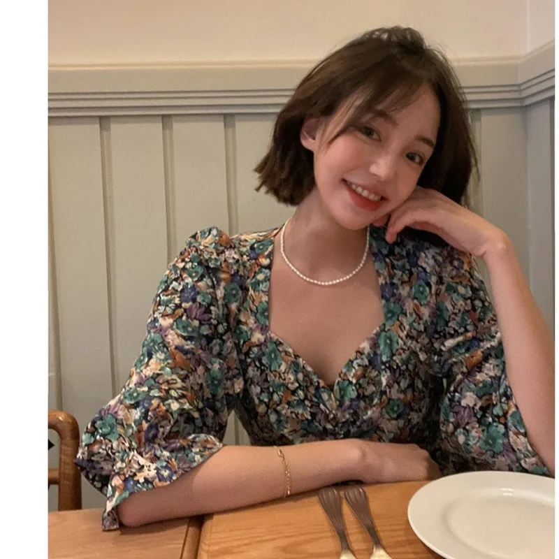 

Summer Floral Print Dress Women High-waisted Ruffled Sweet Dress Female V-neck Sexy Holiday Party Mini Dress 2021 New