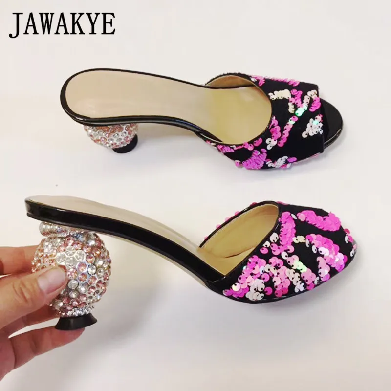 Женские босоножки с кристаллами и блестками летние шлепанцы на высоком каблуке