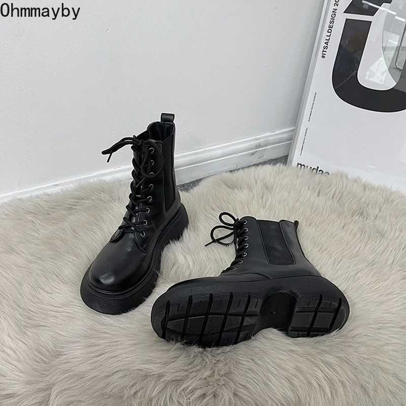 

Женские мотоциклетные ботинки до середины икры, полусапожки на платформе и Плоском Каблуке 3 см, Осенняя обувь, повседневные современные бо...