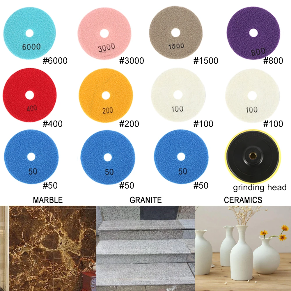

12pcs Diamond Polishing Pads Kit 4 inches Wheel Granite Stone Concrete Marble Sharp Grinding Discs Marble Water Mill Sheet Set