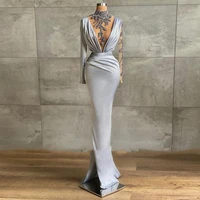 silver fashion elegant exquisite evening dress floor length mermaid dress split deep v neck prom dress applique custom made
