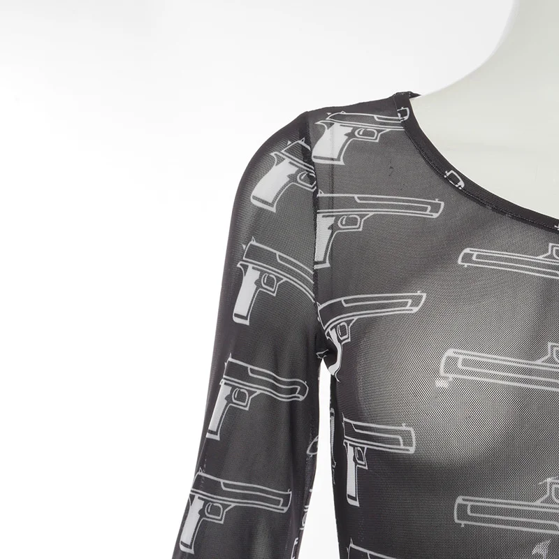

2021 Fashion Gun Print Long Sleeve Transparent Mesh Ladies Sexy Bodysuits Party Club Activity Romper Fitness Bodycon