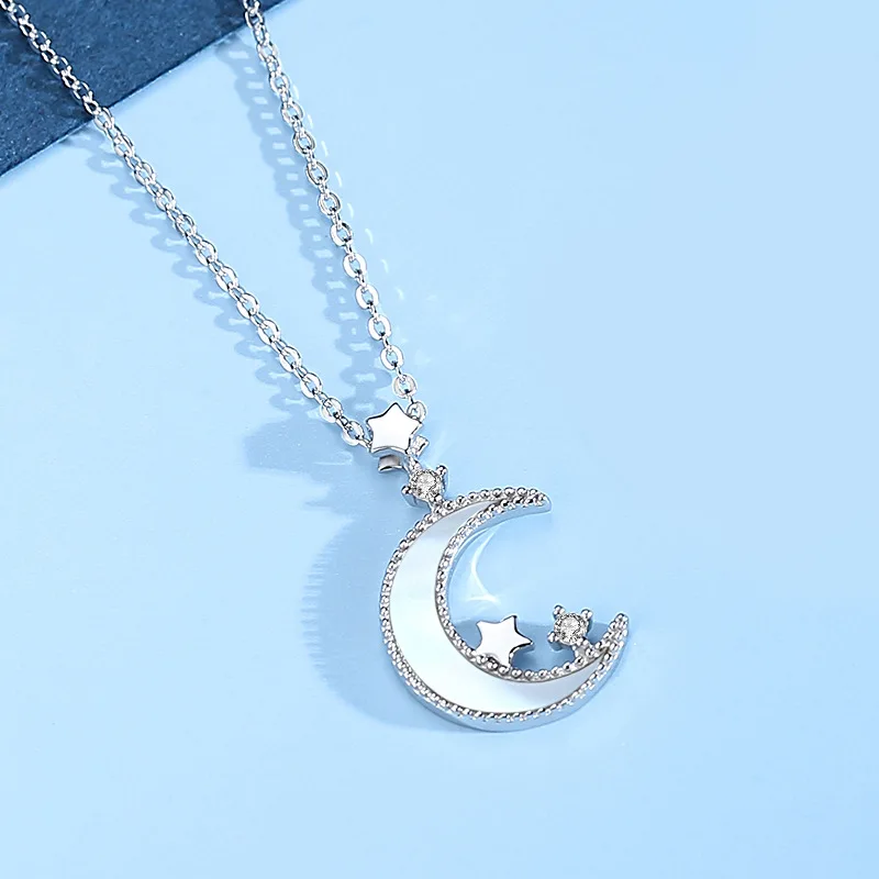 

S925 Sterling Silver Star and Moon Necklace Female Korean Light Luxury Clavicle Chain Rose Gold White Mother-of-pearl Necklace