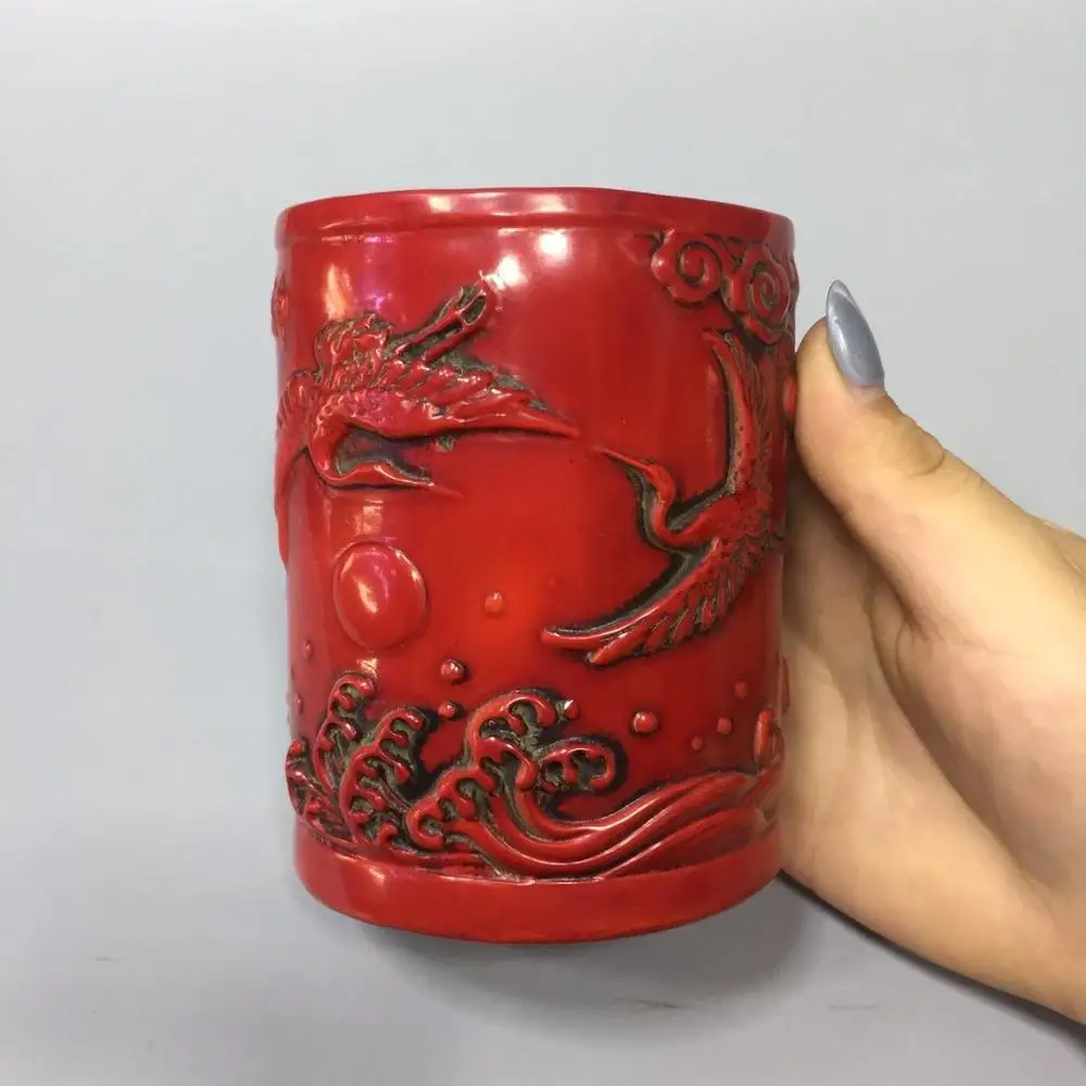 

China old Beijing old goods Red coral carving Character pattern pen holder