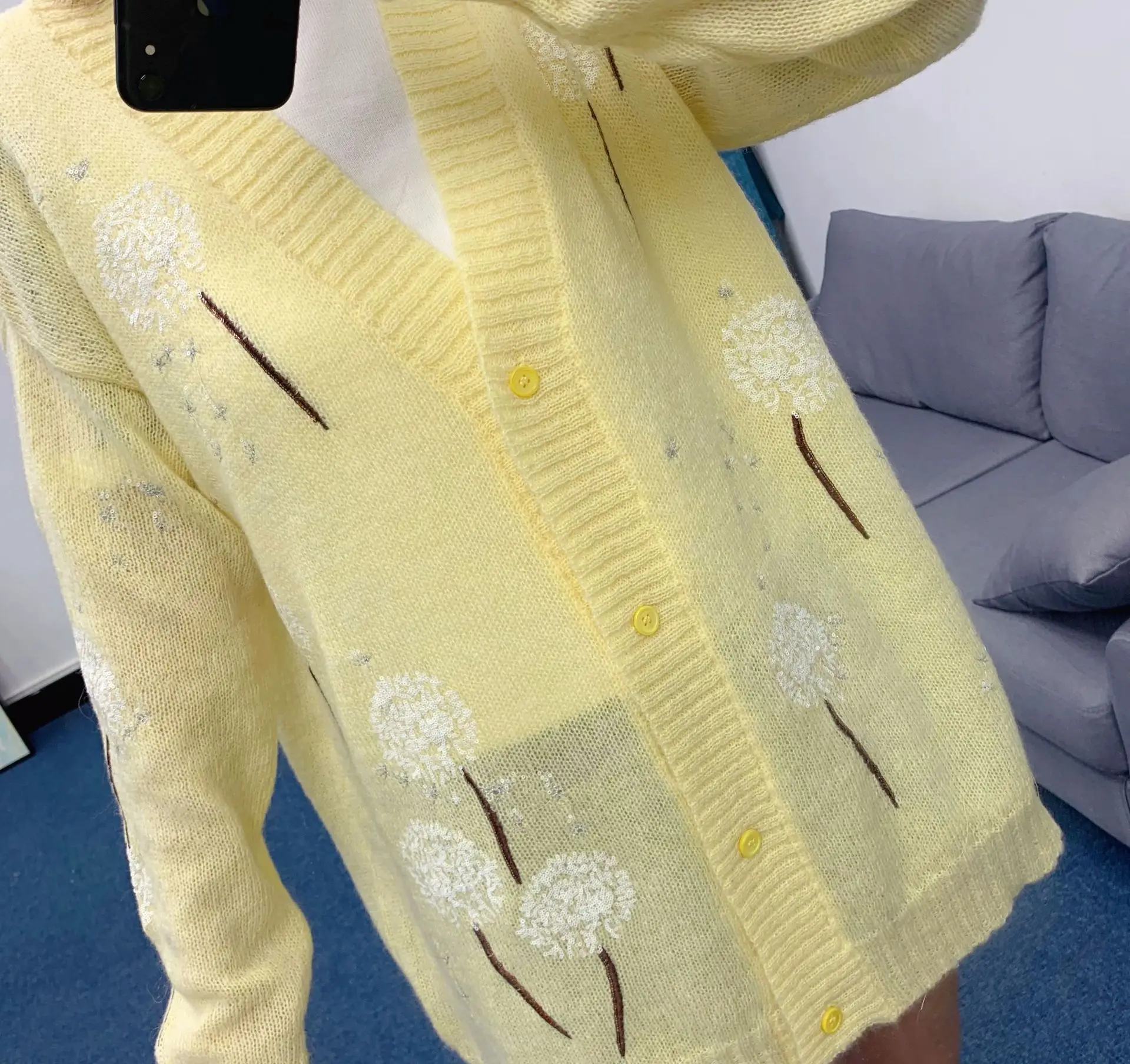 High Quality Dandelion Sequined Embroidered Cardigan 2021 Spring New Loose Comfortable Long Sleeve V-neck Sweater Female Yellow