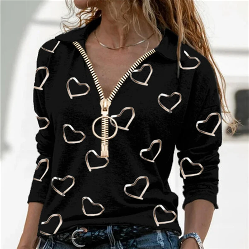 

V-Neck Pullover Tops Elegant Heart Print Zipper T-shirt Women Autumn Casual Long Sleeve Top Lady Shirt Street Plus-Size Tees