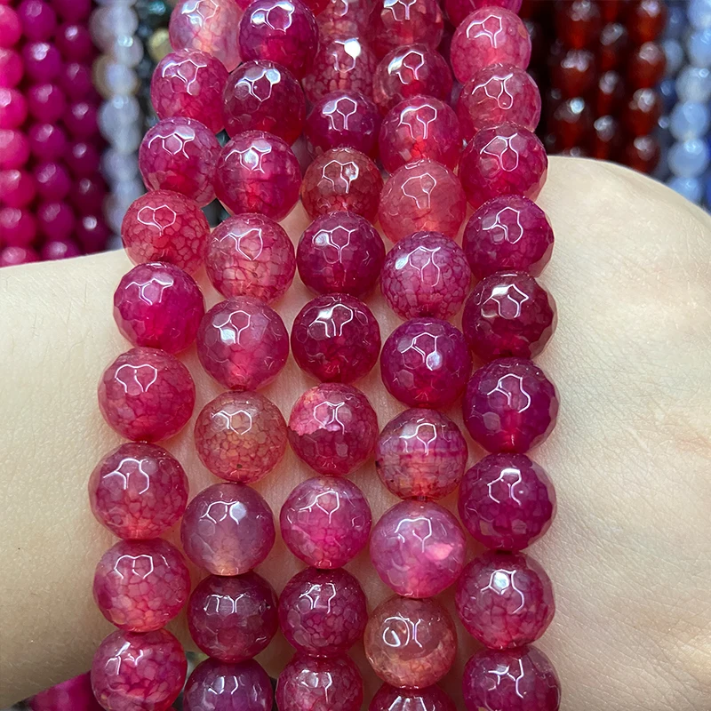 

Faceted Rose Red Fire Dragon Veins Agate Natural Stone Beads Jewelry Making Round Loose Jades 15'' 10MM DIY Bracelets