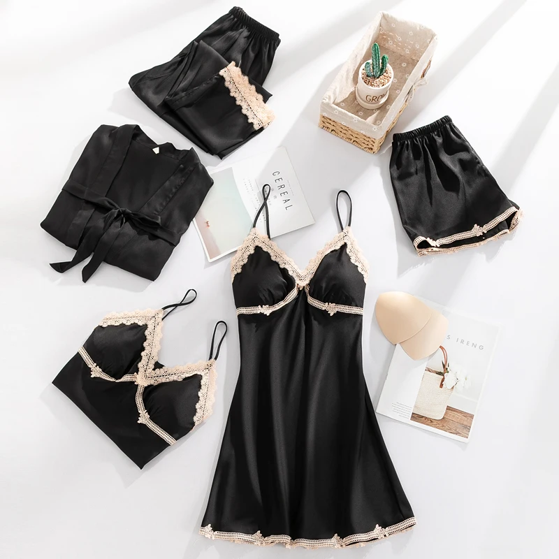 

Black 5PCS Pajamas Set Women Sleepwear Spring Summer Faux Silk Kimono Bathrobe Gown Sexy Lace Trim Home Clothes Loungewear
