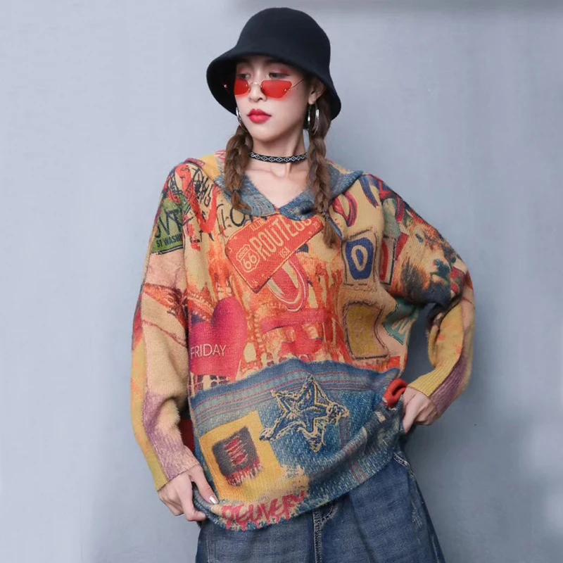 

Vintage Oversize Mink Cashmere Autumn Winter Sweater Hooded Women Retro Print 2021 Female Casual Warm All-match Loose Sweater