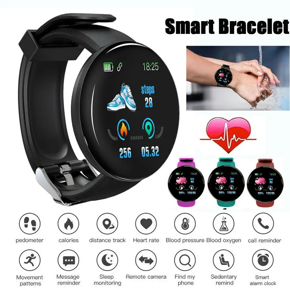 

Умные цифровые часы D18, круглый сенсорный экран, совместимый с Bluetooth, монитор кровяного давления, фитнес-трекер, браслет для мужчин, женщин и ...