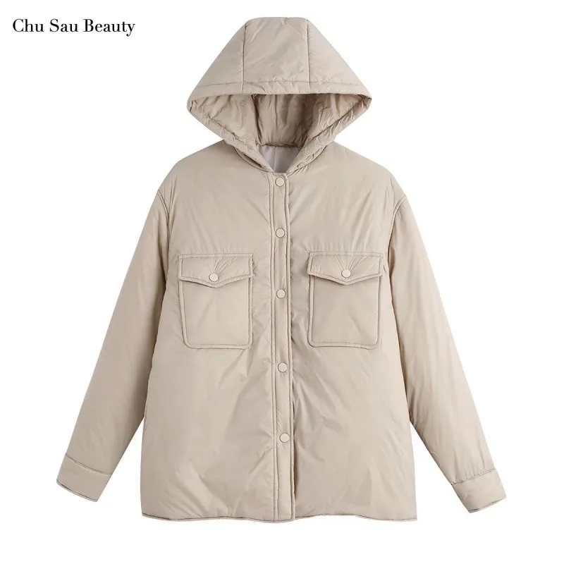 

Chu Sau Beauty ZA Women's Autumn / Winter Hooded Cotton Jacket, New Casual Loose Warm Long-Sleeved Coat, Chic Pocket Decoration