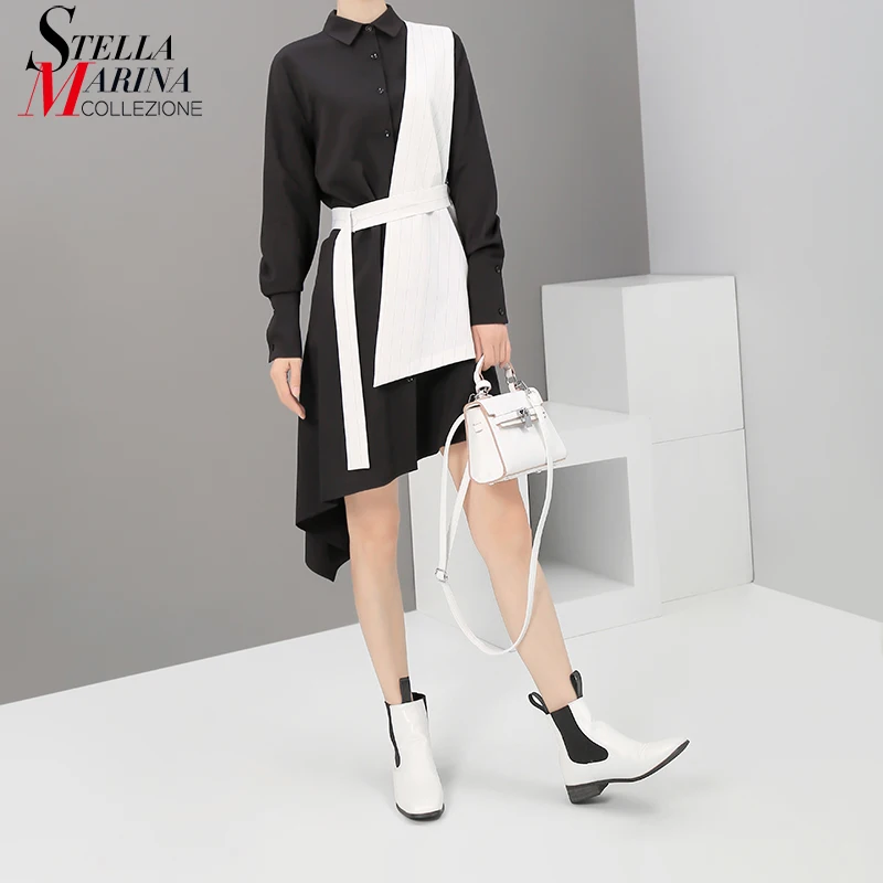 Новинка женская черная рубашка в полоску с длинным рукавом брошь на платье пояс