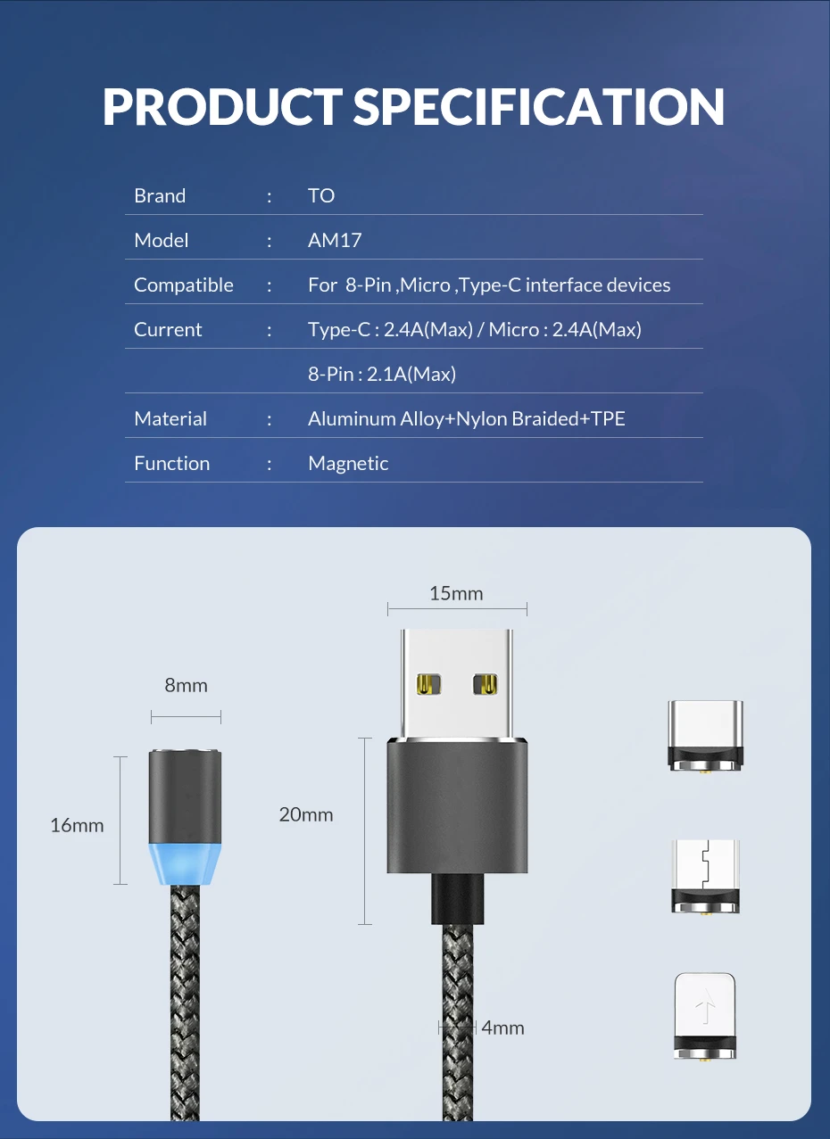 2.4A Быстрая зарядка светодиодный магнитный usb-кабель для IPhone 6 7 8 Plus 5s SE магнит IPad Air USB зарядное устройство кабель type C& Micro USB кабель