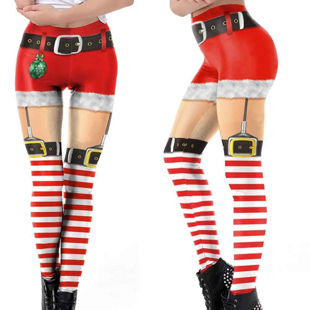 

Women Christmas Trousers 2021 Christmas Print Striped Women Funny Pattern Elasticity Xmas Leggings Pants for Yoga