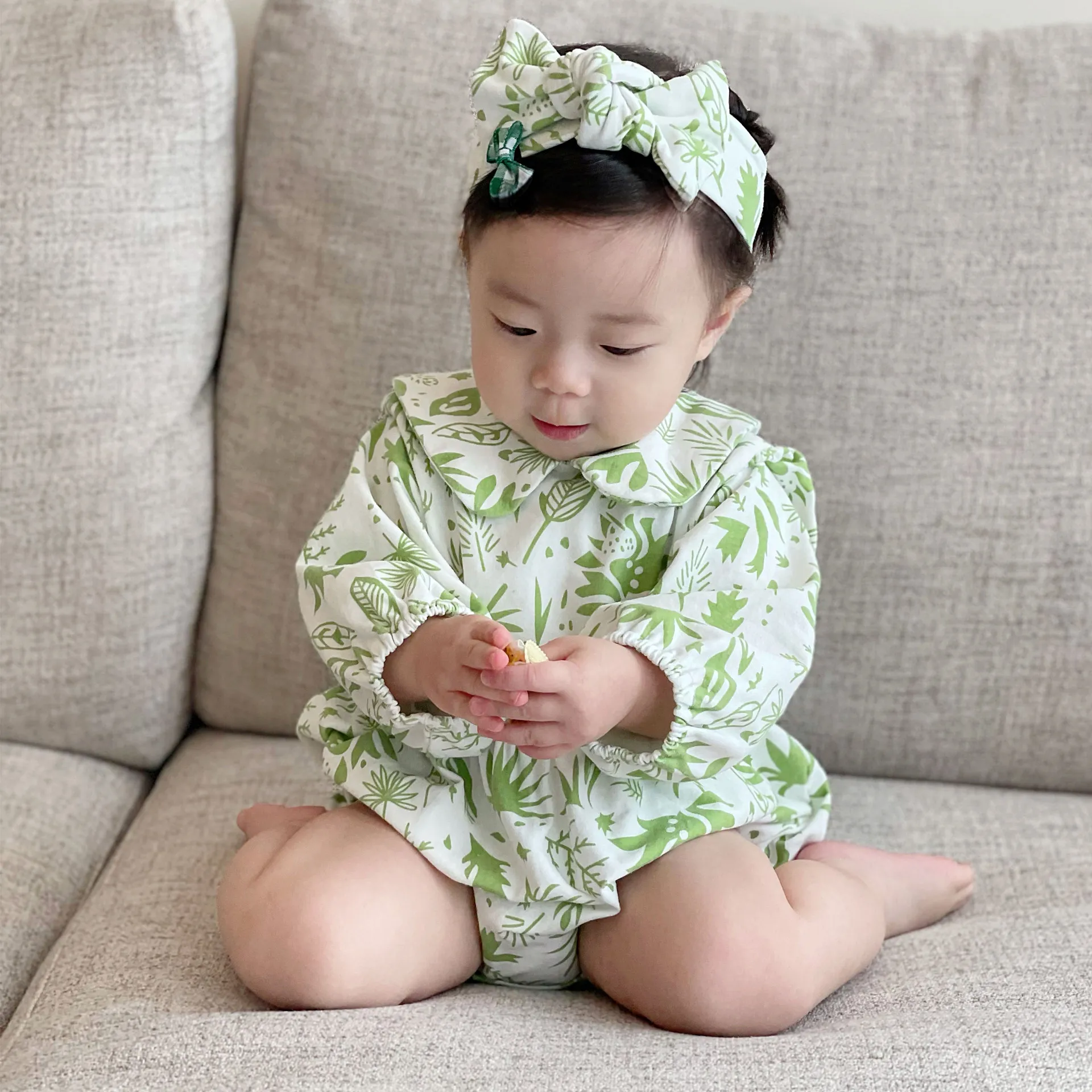 Baby Girl Rompers Long Sleeve Jumpsuits One-piece With Hair Band Cotton Leaf Print Newborn Baby Clothes 0-24M bebes ropa