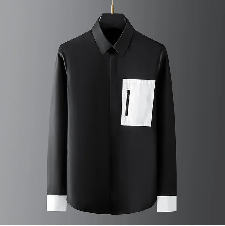 

2021 Vintage fashion brand black and white cuff stitching pocket zipper decoration men's fashion popular long-sleeved shirt