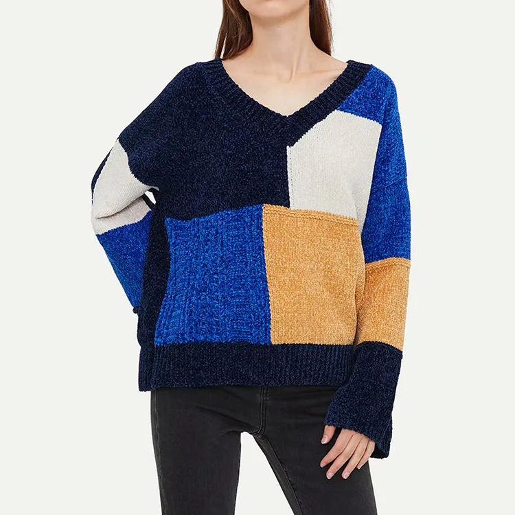 

Elegant Knitted Sleeve Stitching Sweater Women Winter Pullovers Jumper Casual Loose Female Patchwork V-Neck Blusas Mujer De Moda