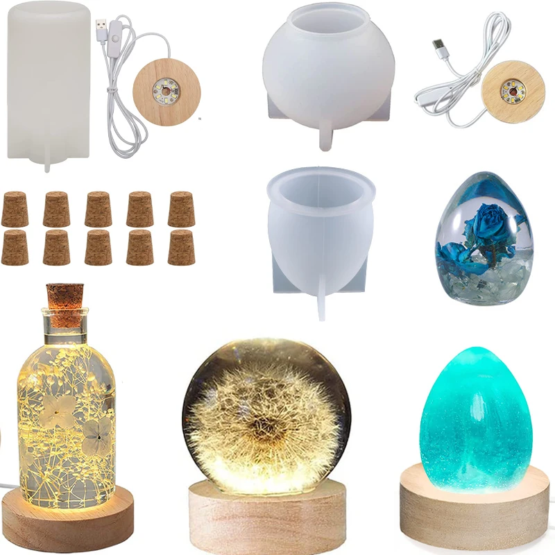 DIY Silicone Mold For Crystal Round Ball Night Light Resin Molds Drifting Bottle with LED Night Light Base and Wooden Cork Craft