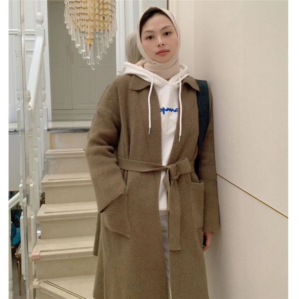 Plain Muslim Women Long Sweater Coat Middle East Casual Fashion Open Kimono Cardigan Dubai Kaftan Islamic Outwear Arabic Winter