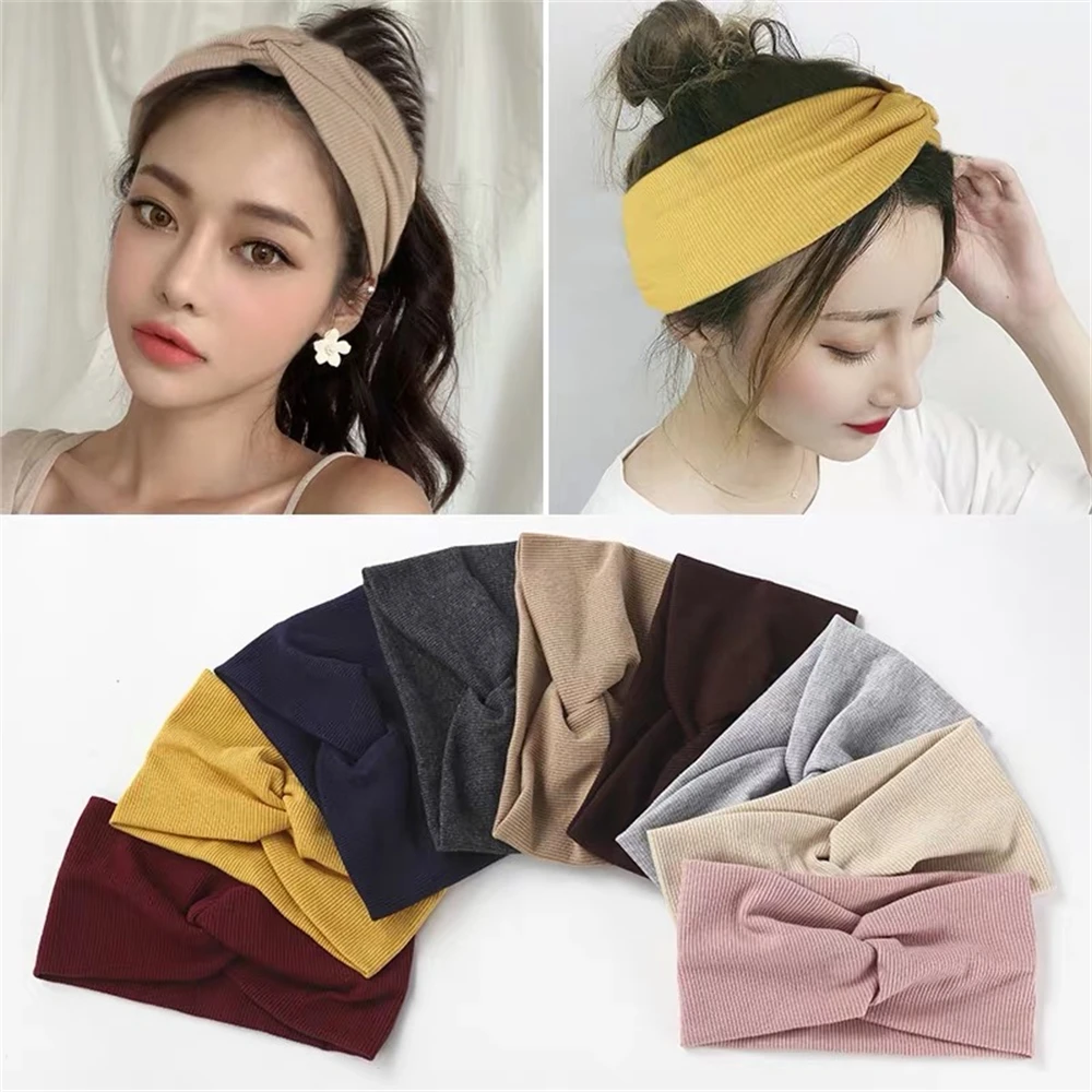 

Fashion Women Solid color Sports Headband Crossover Knot Hair Scrunchie Stripes Hair Band Elastic Yoga Girl for Hair Accessories