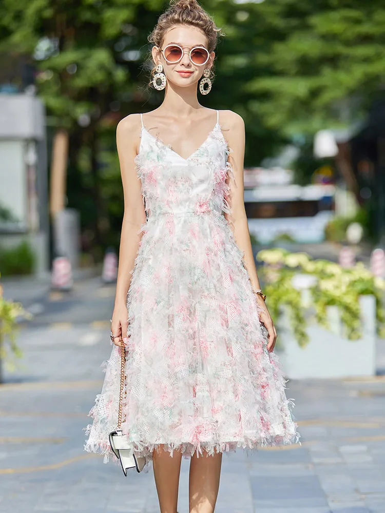 

High Quality Designer Runway Spaghetti strap V neck Mesh Floral A-line Dresses