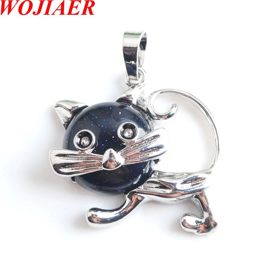 

WOJIAER Natural Blue Sand Stone Necklace & Pendants for Women Girl Cute Cat Shape Beads Reiki Jewelry Chain 18 Inches N8014