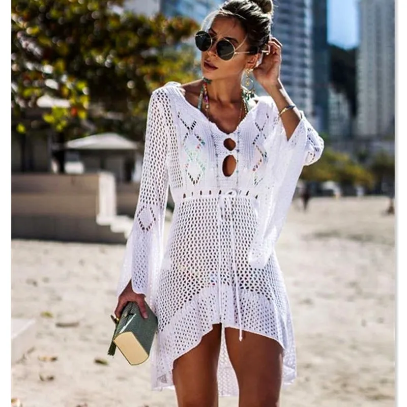 

Knit Swimsuit Cover Up Bikini Women Swimsuit Cover-up Summer Bathing Suit Beach Wear Swimwear Hollow Out Bather Dress Tunic Robe