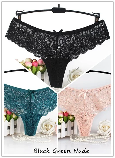 black green nude Новое поступление, 3 шт, сексуальные кружевные женские стринги и стринги, трусики с низкой посадкой, прозрачные хлопковые трусы для женщин, трусы, нижнее белье - Цвет: black green nude
